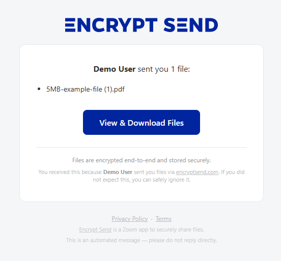 Recipient inbox — branded email with secure download link