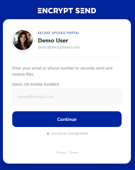 Guest upload portal — visitors verify with email or text, then upload