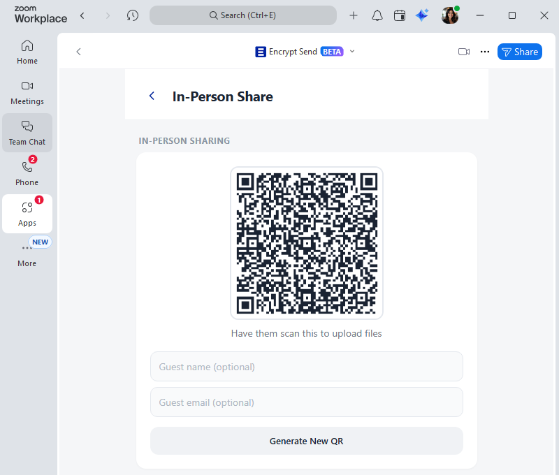 In-person share — generate a QR code for face-to-face uploads