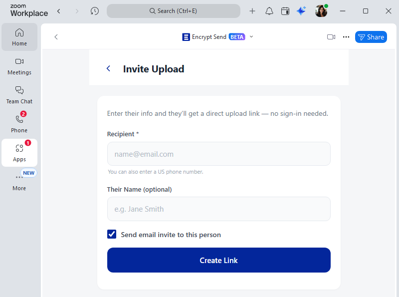 Invite upload — send a branded email with Upload Files button