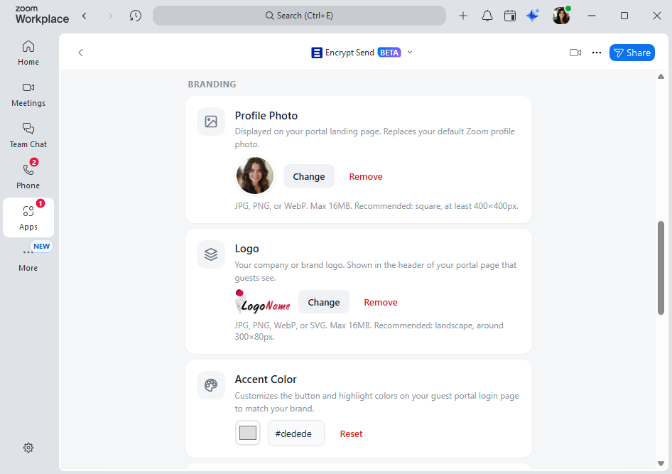 Settings — Pro branding controls for photo, logo, and accent color