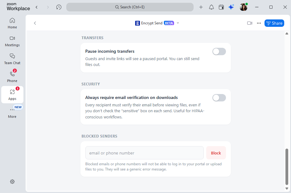 Settings — pause incoming, always require verification, blocked senders