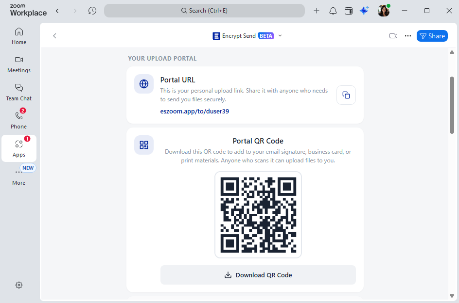 Settings — portal URL and QR code download